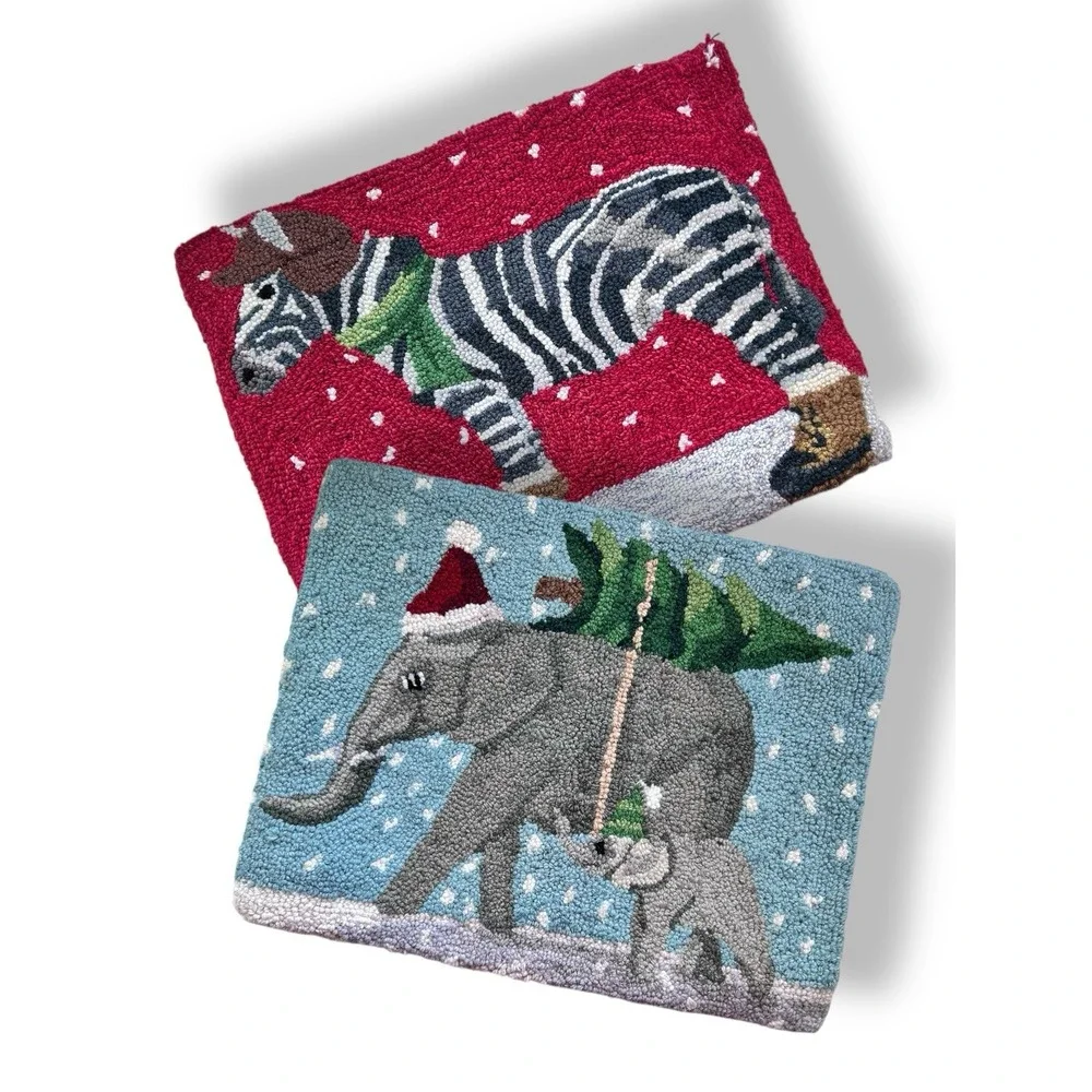 Grandin Road Hooked Wool Throw Pillow Cover Lot Christmas Elephant & Zebra 14x18